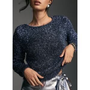 Anthropologie midnight navy blue with tinsel Fuzzy Crew Neck Sweater